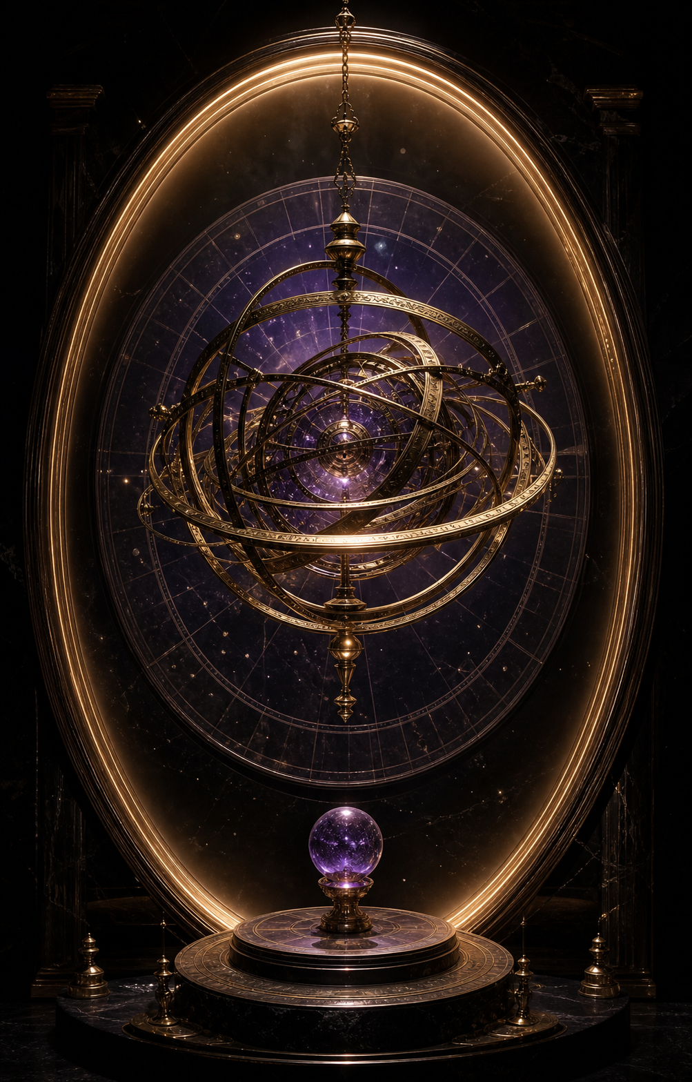 Antique armillary sphere suspended inside an obsidian celestial archive