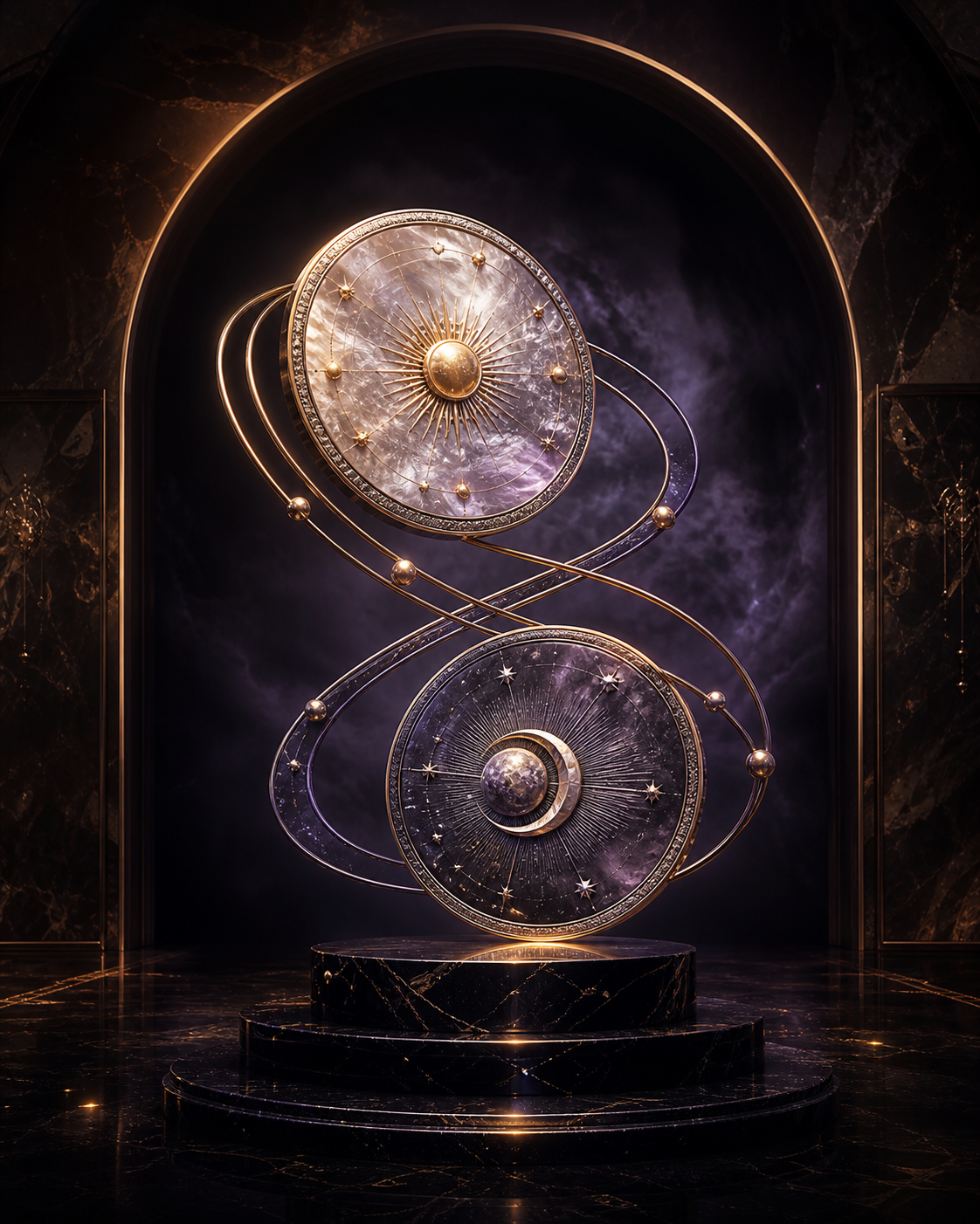 Two engraved celestial charts connected by violet and gold orbits