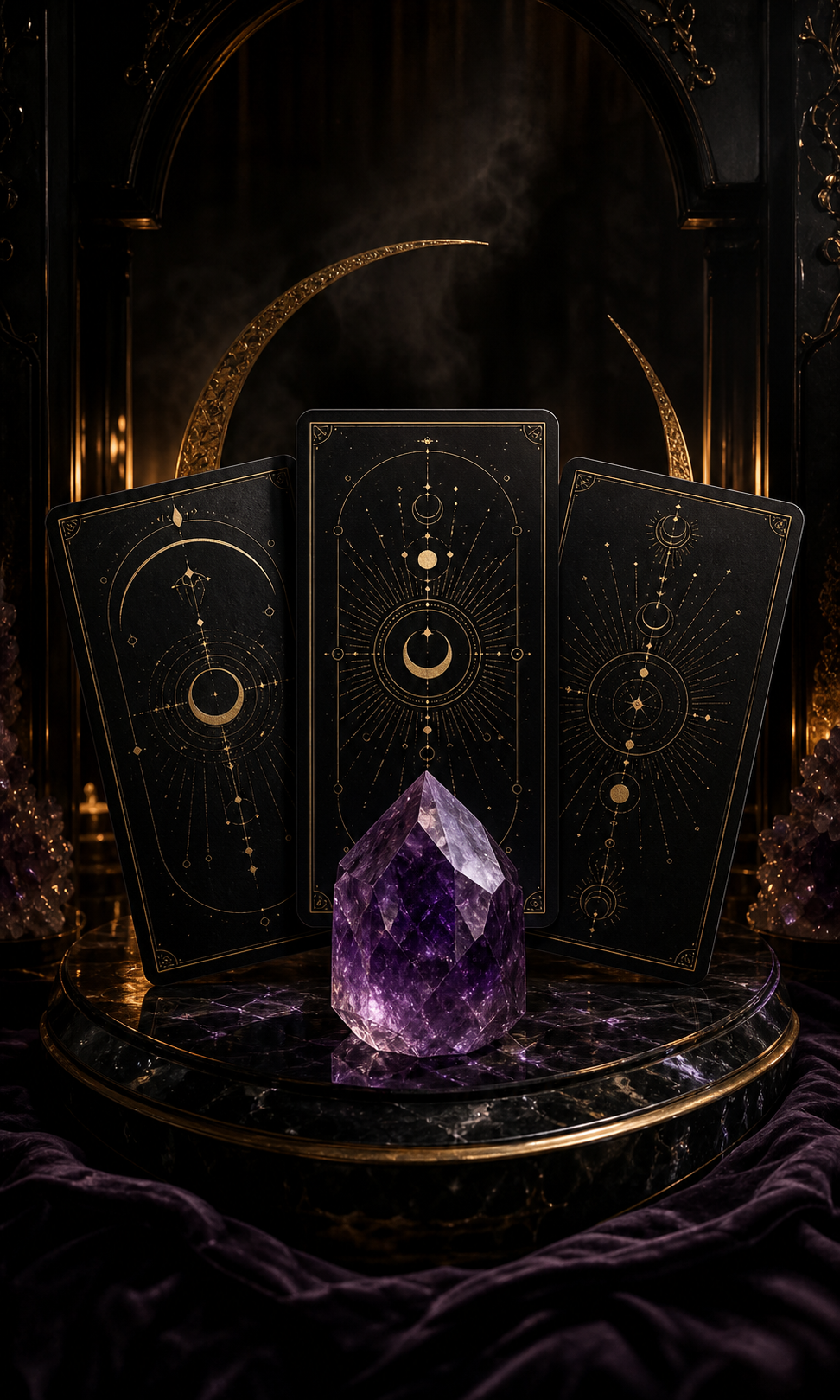 Black-and-gold tarot cards surrounding an amethyst on an obsidian altar